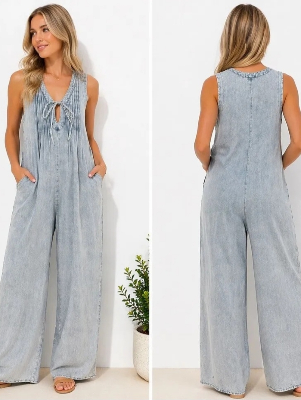 NWT New In Medium Light Wash Sleeveless Wide Leg Jumpsuit